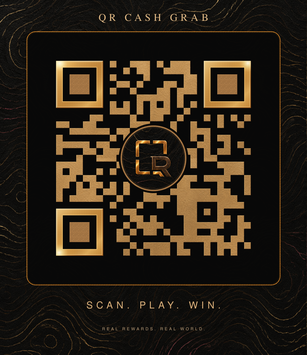 Branded QR code for qrcashgrab.com, with the approved gold and bronze monogram.